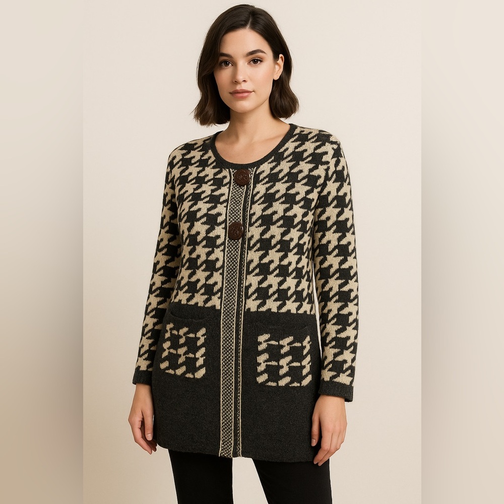 Nicole Alexander Wool Blend Houndstooth Cardigan Sweater M Classic